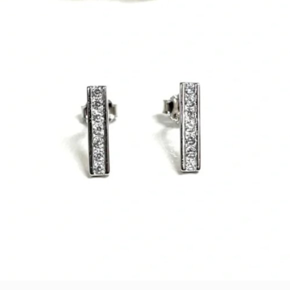 Silver PETITE BAR STYLE CZ Rhinestone STUD EARRINGS - Picture 1 of 6